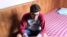 Amateur in glasses stroking his big dick in front of BF