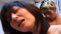 Asian gal lets loose his dick and he drills her in a couple of positions