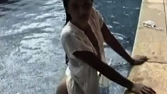 Satomi gets soaking wet in the pool and takes her clothes off