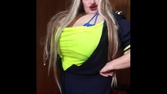 Dirty lady in costume of a stewardess giving joi