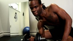 Dark skinned stud with a ripped body Ray Anthony pleases his big pole