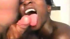 Nasty black bitch sucks cock, licks ass and get spitted on